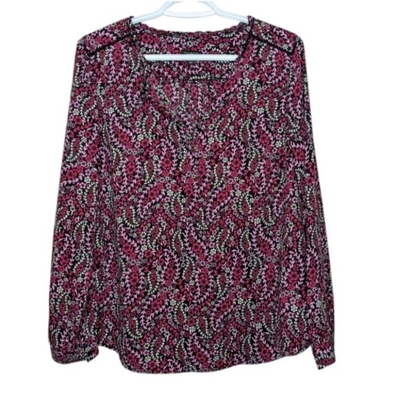 Talbots Black Pink Red Floral Print Long Sleeve Lace Detail Blouse Shirt Women S - Picture 2 of 11